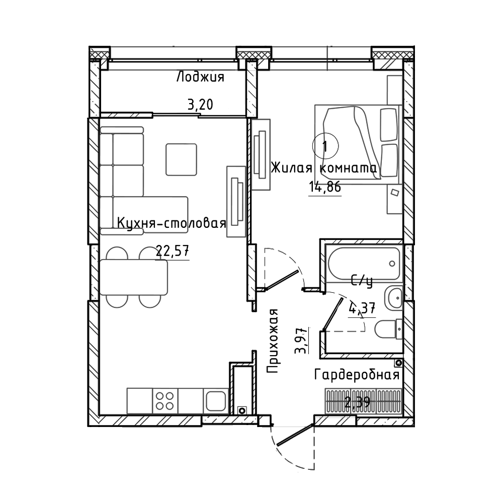 Планировка 1-к.кв, 50.3 м² в ЖК ЖК Clever Park