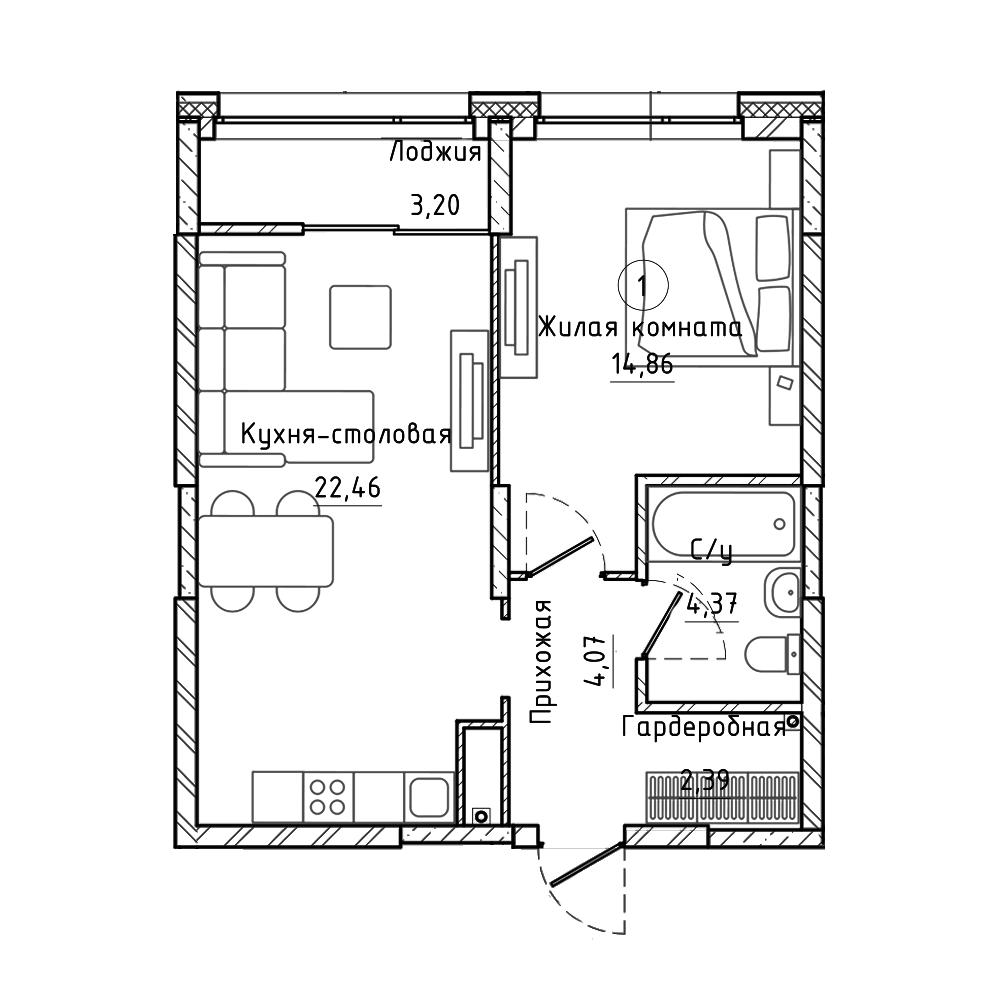 Планировка 1-к.кв, 50.6 м² в ЖК ЖК Clever Park