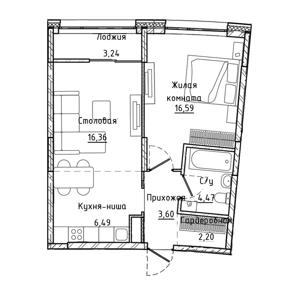 Планировка 1-к.кв, 51.3 м² в ЖК ЖК Clever Park