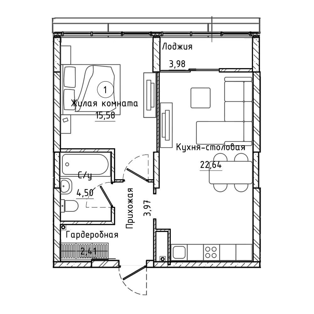 Планировка 1-к.кв, 51 м² в ЖК ЖК Clever Park