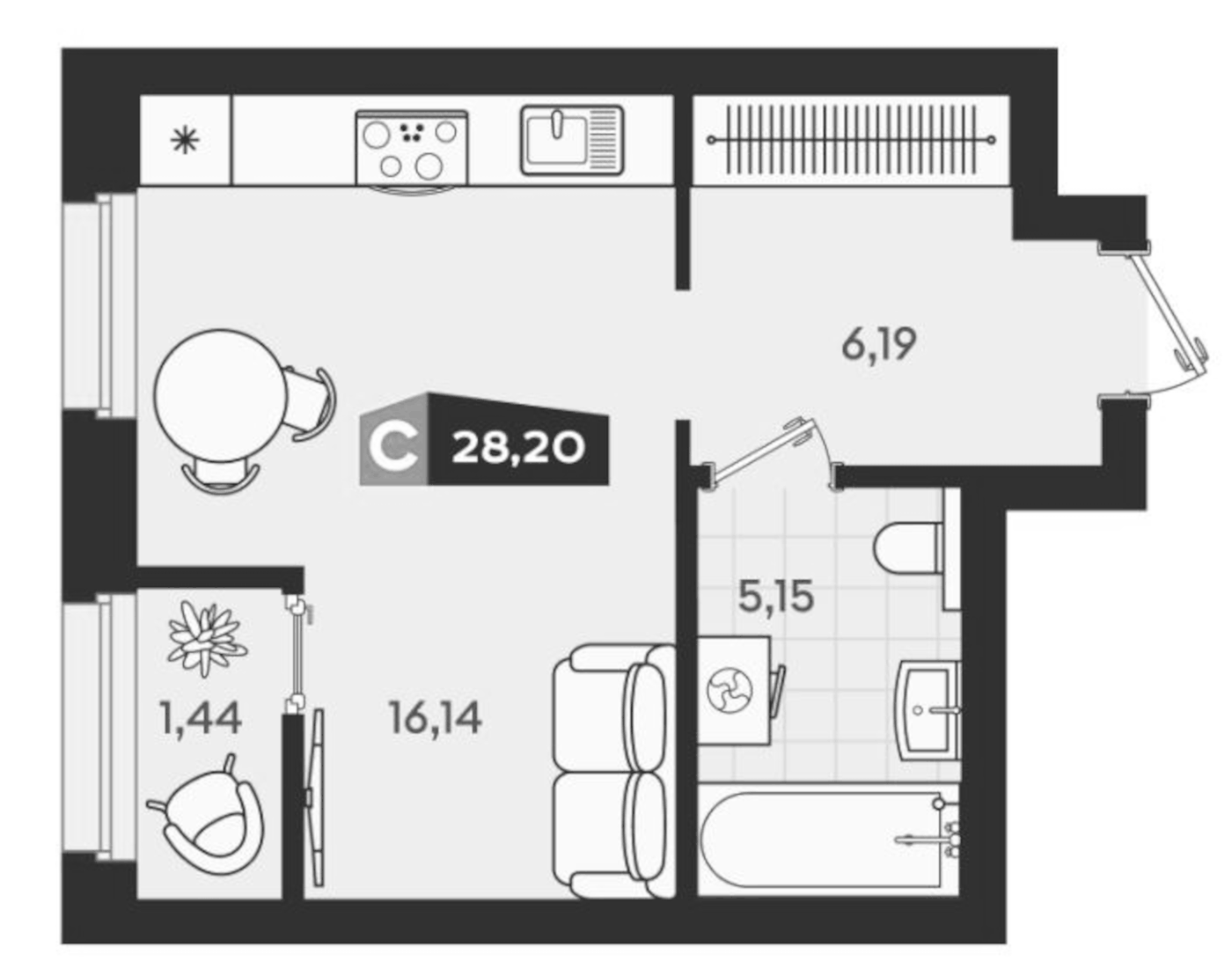 Планировка Студия, 28.2 м² в ЖК ЖК Clever Park