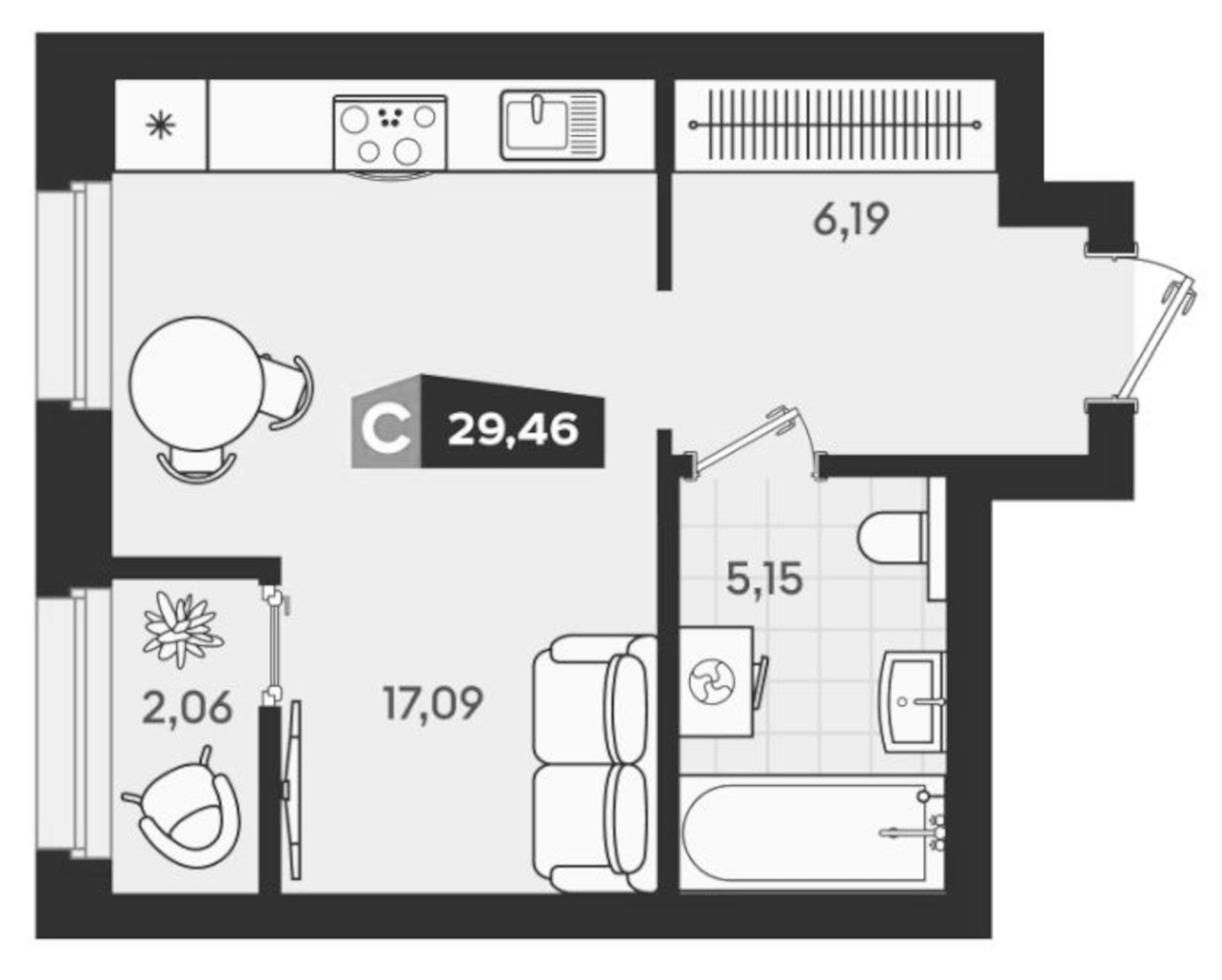 Планировка Студия, 29.46 м² в ЖК ЖК Clever Park