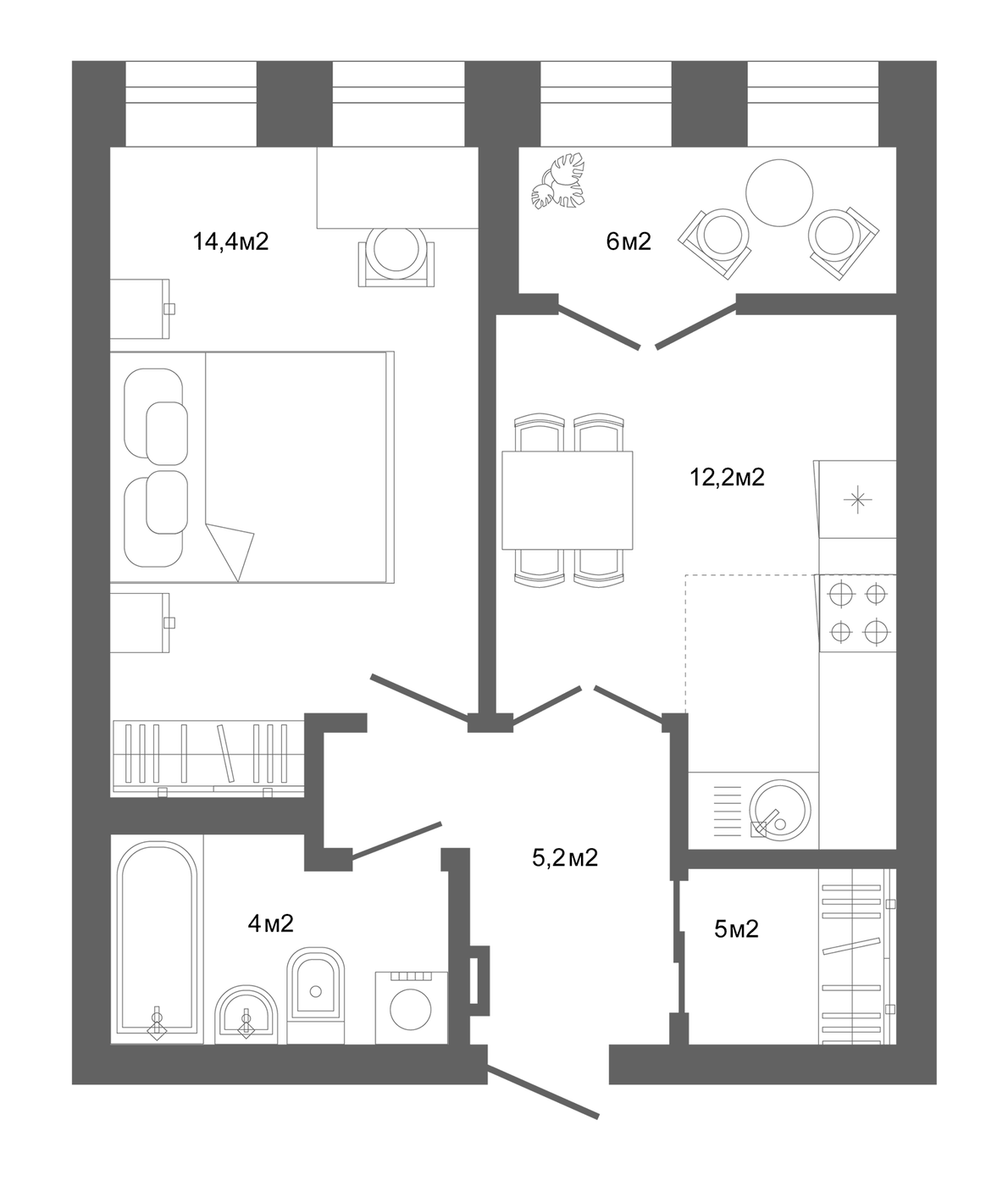 Планировка 1-к, 45 м² в ЖК Компаунд Проспект Мира