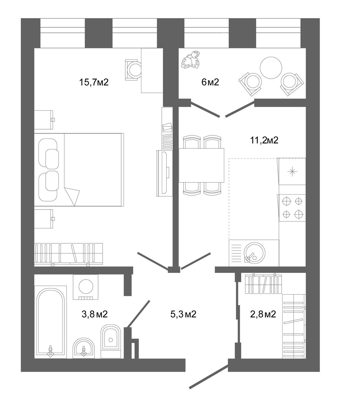 Планировка 1-к.кв, 48,3 м² в ЖК Компаунд Проспект Мира