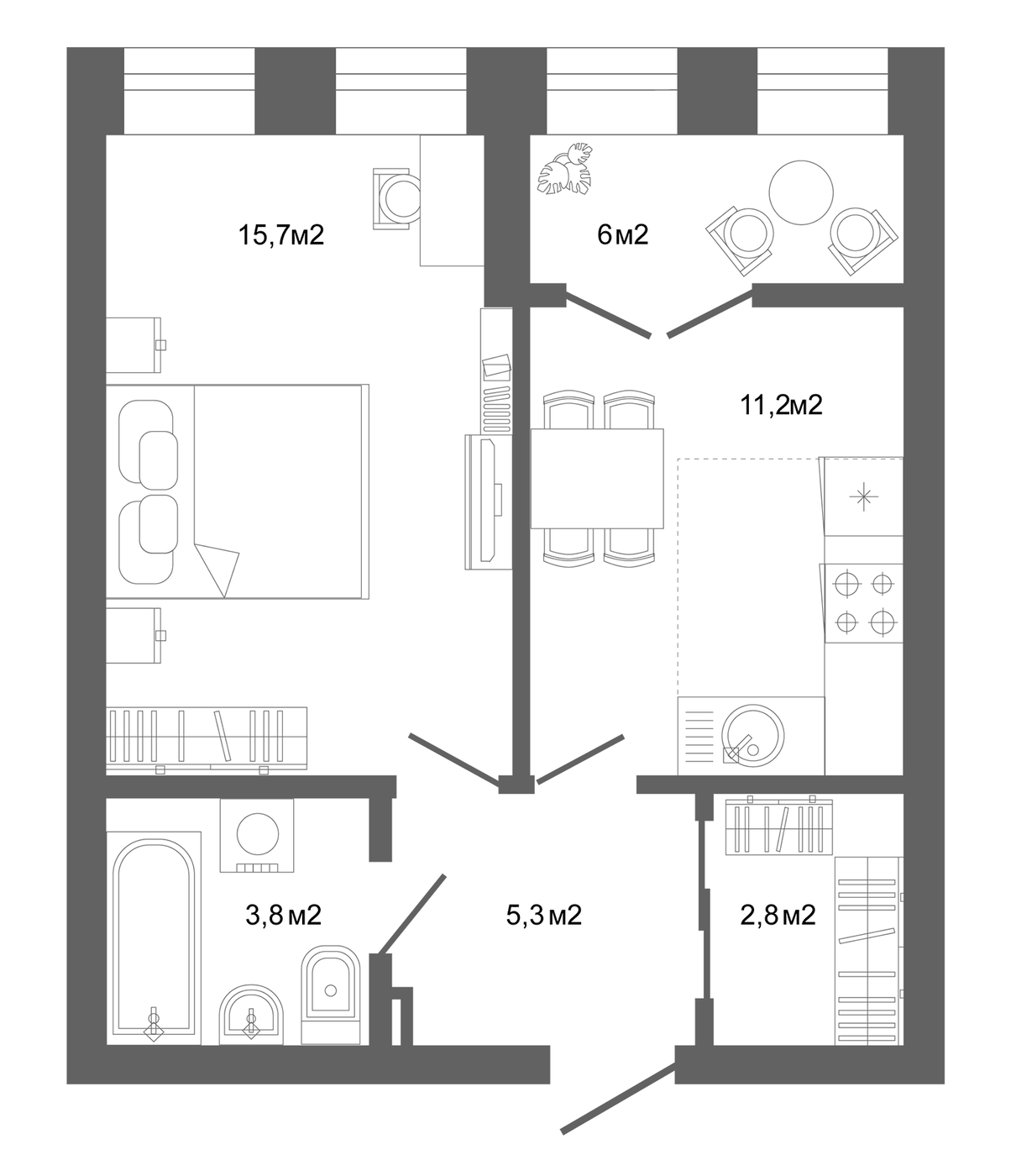 Планировка 1-к.кв, 48,4 м² в ЖК Компаунд Проспект Мира