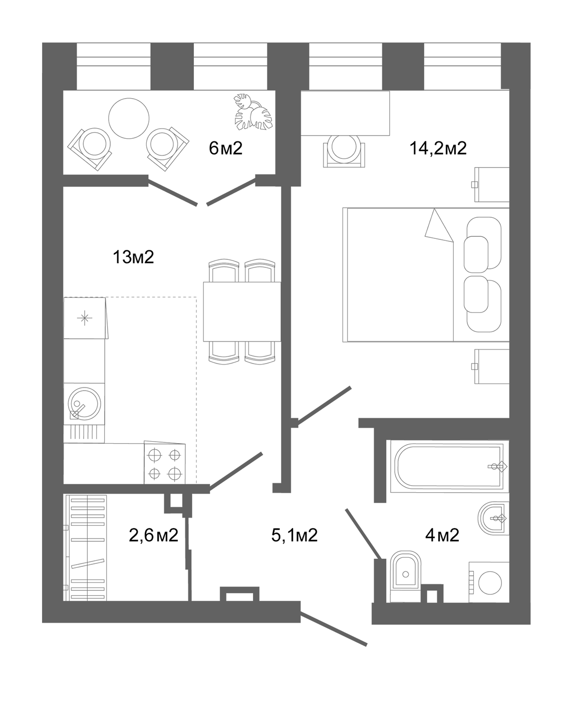Планировка 1-к.кв, 48,7 м² в ЖК Компаунд Проспект Мира
