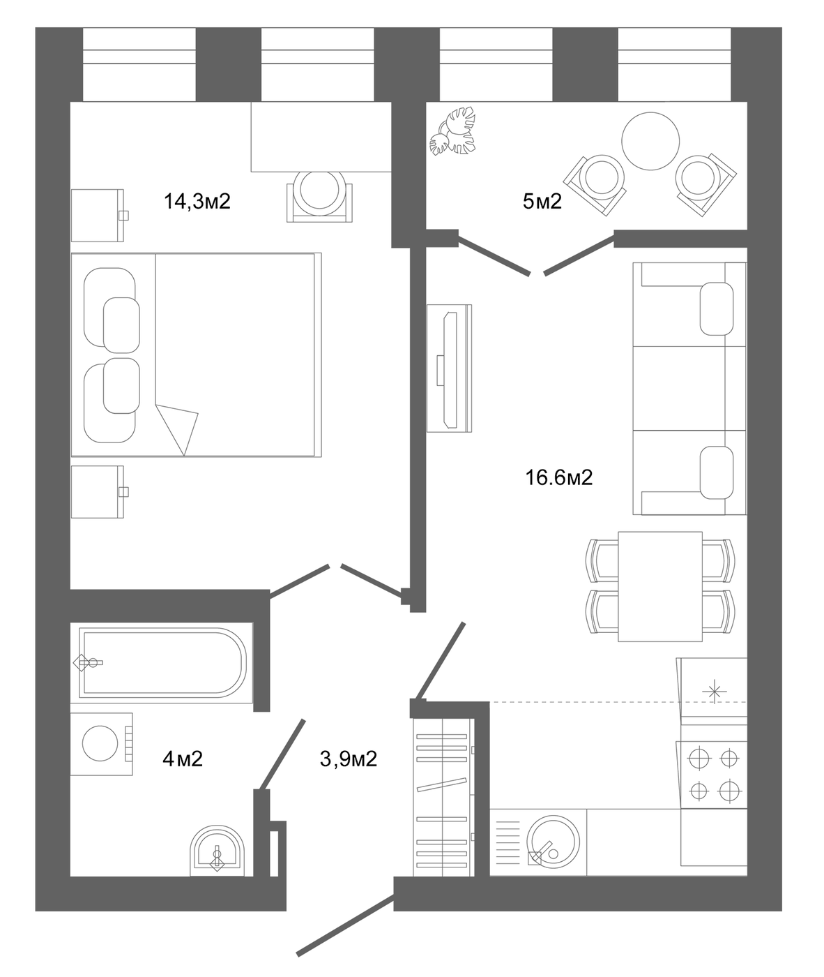 Планировка 2Е-к, 44,6 м² в ЖК Компаунд Проспект Мира