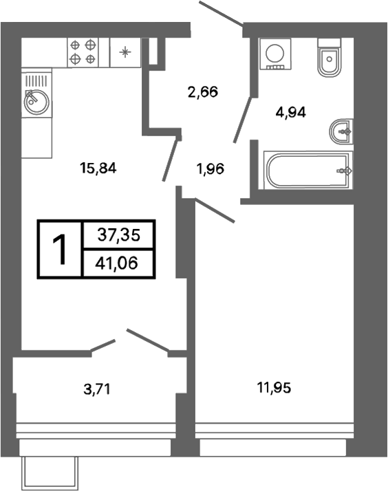 Планировка 2Е-к.кв, 45,01 м² в ЖК Компаунд Проспект Мира