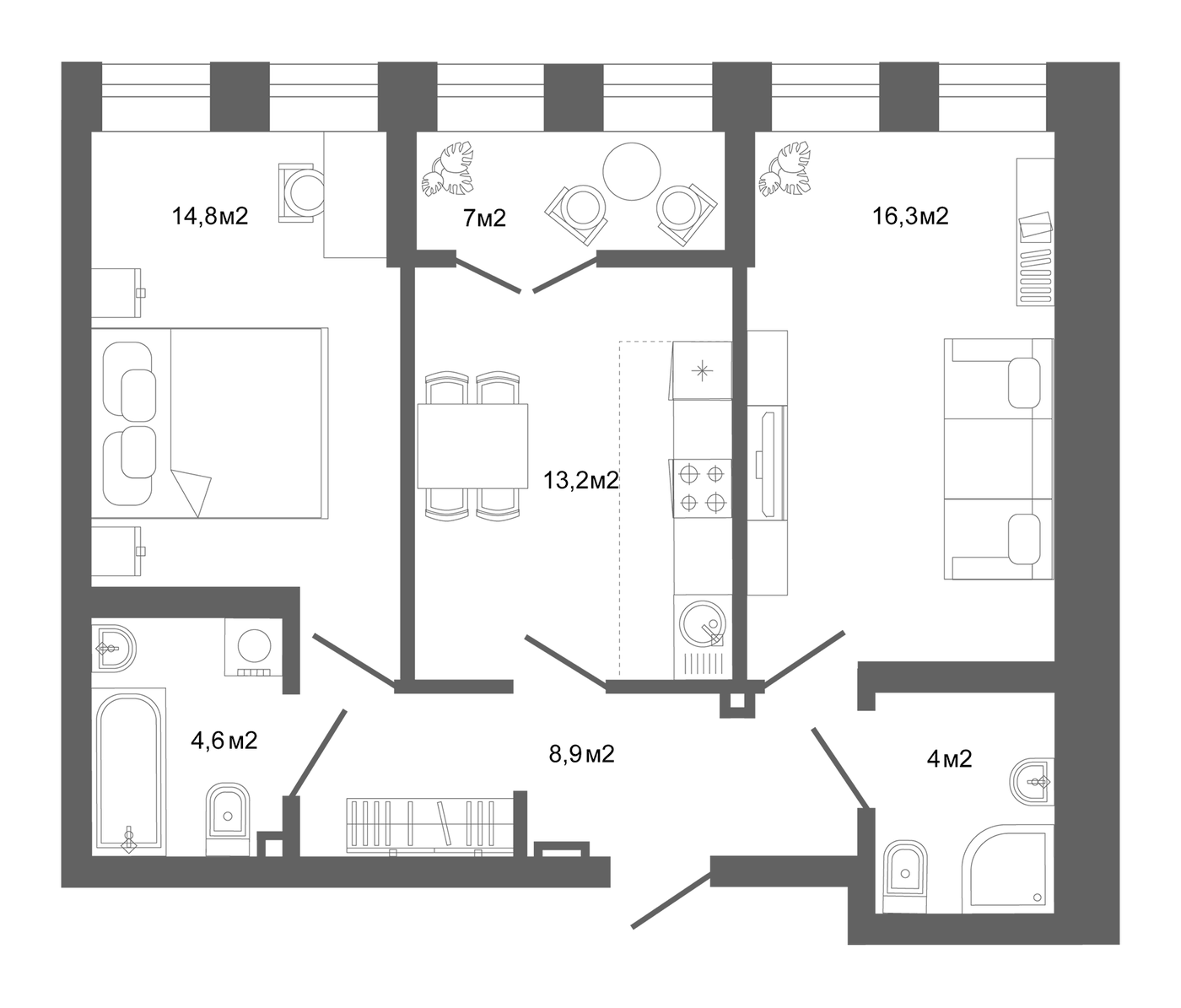 Планировка 2-к, 72,4 м² в ЖК Компаунд Проспект Мира