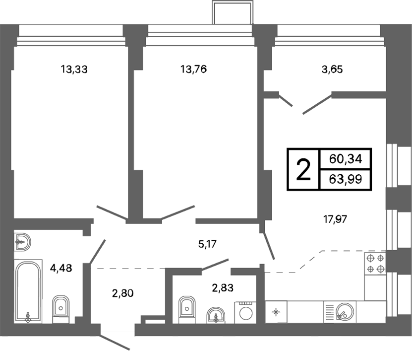 Планировка 3Е-к, 66,85 м² в ЖК Компаунд Проспект Мира