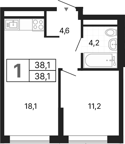 Планировка 1-к, 38,1 м² в ЖК ДА на Амундсена