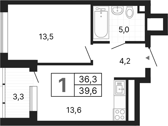 Планировка 1-к.кв, 39,6 м² в ЖК ДА на Амундсена