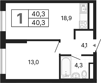 Планировка 1-к.кв, 40,3 м² в ЖК ДА на Амундсена