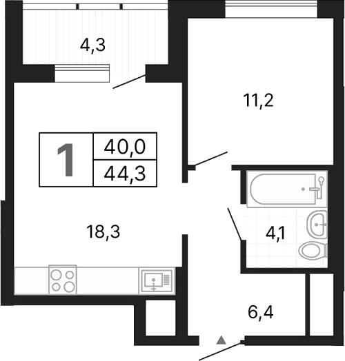Планировка 1-к.кв, 44,3 м² в ЖК ДА на Амундсена