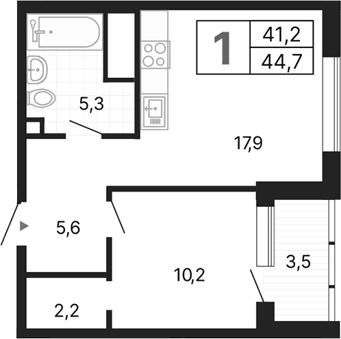 Планировка 1-к.кв, 44,7 м² в ЖК ДА на Амундсена