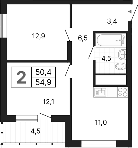 Планировка 2-к, 54,9 м² в ЖК ДА на Амундсена
