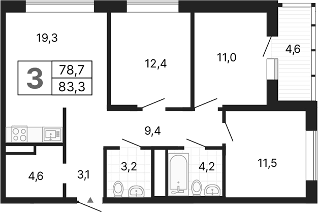 Планировка 3-к, 83,3 м² в ЖК ДА на Амундсена