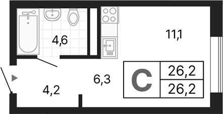 Планировка Студия, 26,2 м² в ЖК ДА на Амундсена