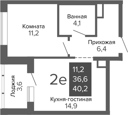Планировка 2Е-к.кв, 40,2 м² в ЖК ДА на Амундсена