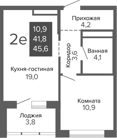 Планировка 2Е-к.кв, 45,6 м² в ЖК ДА на Амундсена
