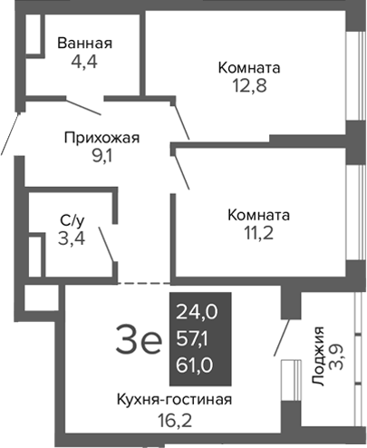 Планировка 3Е-к, 61 м² в ЖК ДА на Амундсена