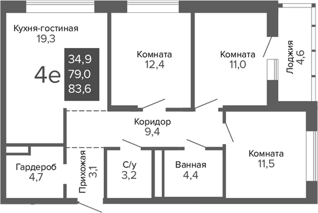 Планировка 4Е-к, 83,6 м² в ЖК ДА на Амундсена