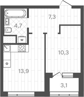 Планировка 1-к.кв, 37,8 м² в ЖК Да на Амундсена