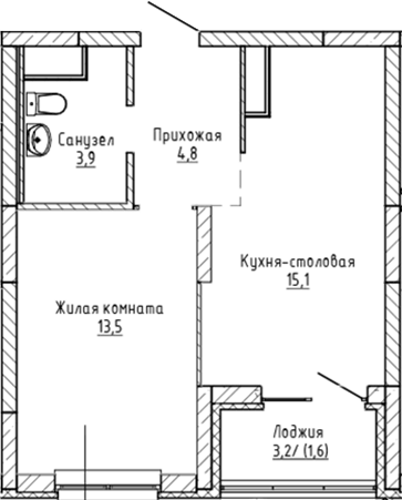 Планировка 1-к.кв, 38,9 м² в ЖК Да на Амундсена