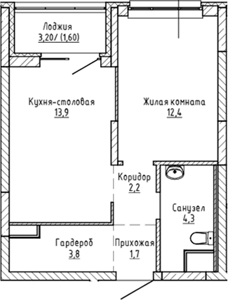 Планировка 1-к.кв, 39,9 м² в ЖК Да на Амундсена