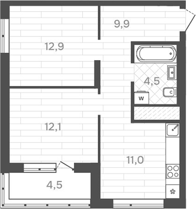 Планировка 2-к, 52,7 м² в ЖК Да на Амундсена