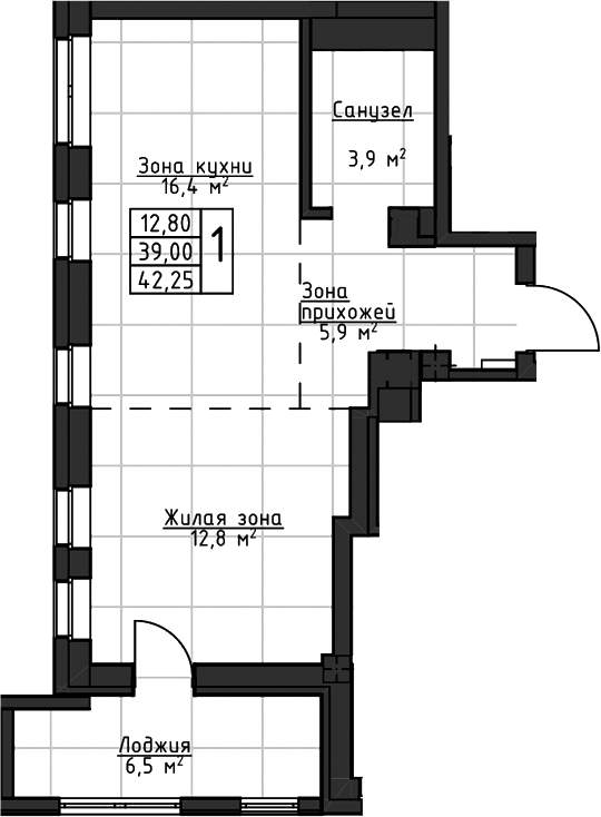 Планировка 1-к.кв, 42,25 м² в ЖК Даблхаус «1:1