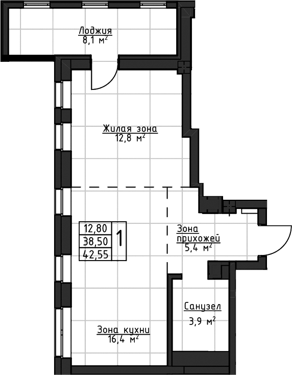 Планировка 1-к.кв, 42,55 м² в ЖК Даблхаус «1:1