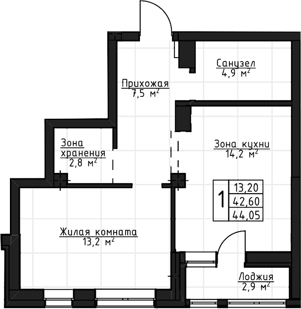 Планировка 1-к.кв, 44,05 м² в ЖК Даблхаус «1:1