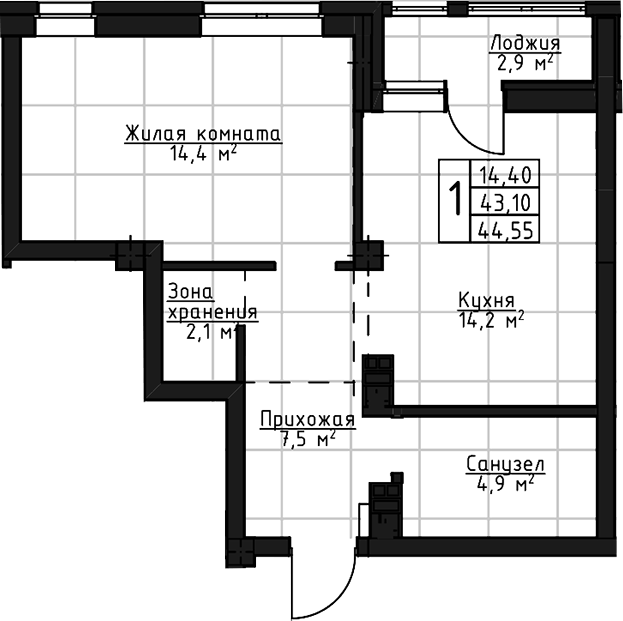 Планировка 1-к.кв, 44,55 м² в ЖК Даблхаус «1:1