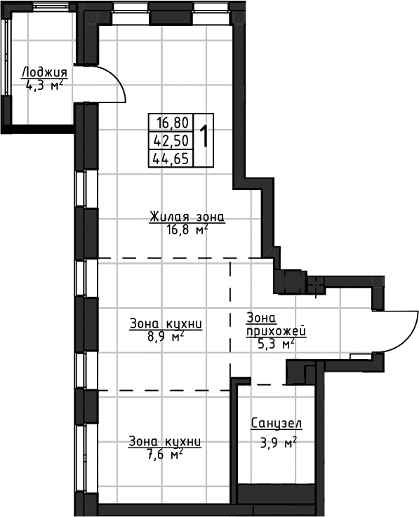 Планировка 1-к.кв, 44,65 м² в ЖК Даблхаус «1:1