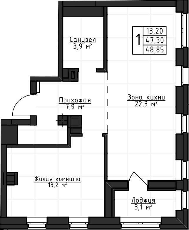 Планировка 1-к.кв, 48,85 м² в ЖК Даблхаус «1:1