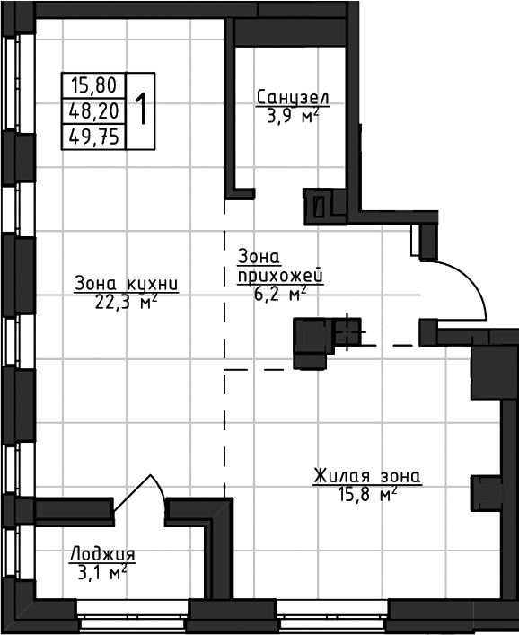 Планировка 1-к.кв, 49,75 м² в ЖК Даблхаус «1:1