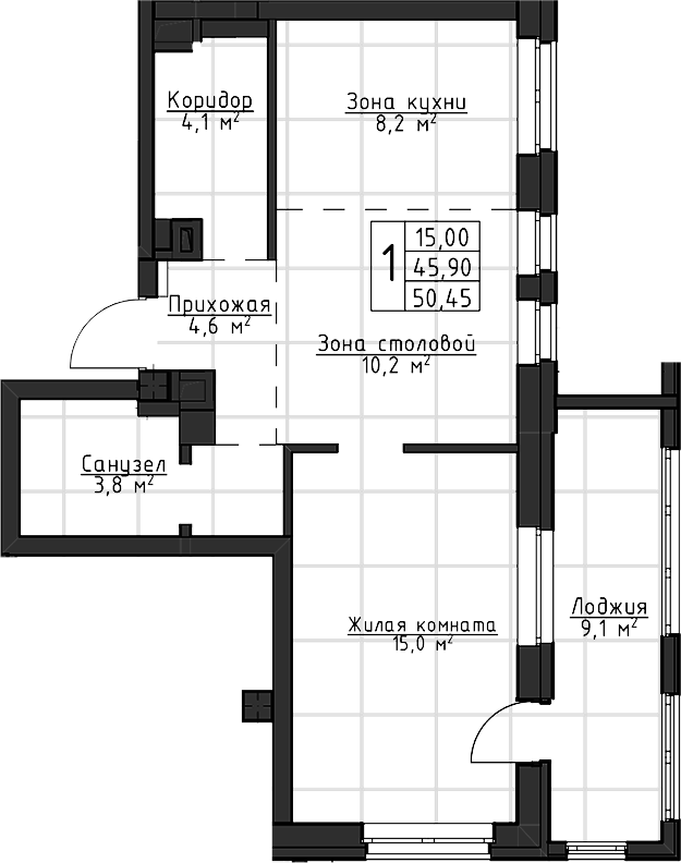 Планировка 1-к.кв, 50,45 м² в ЖК Даблхаус «1:1
