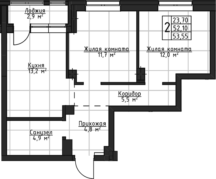 Планировка 2-к.кв, 53,55 м² в ЖК Даблхаус «1:1