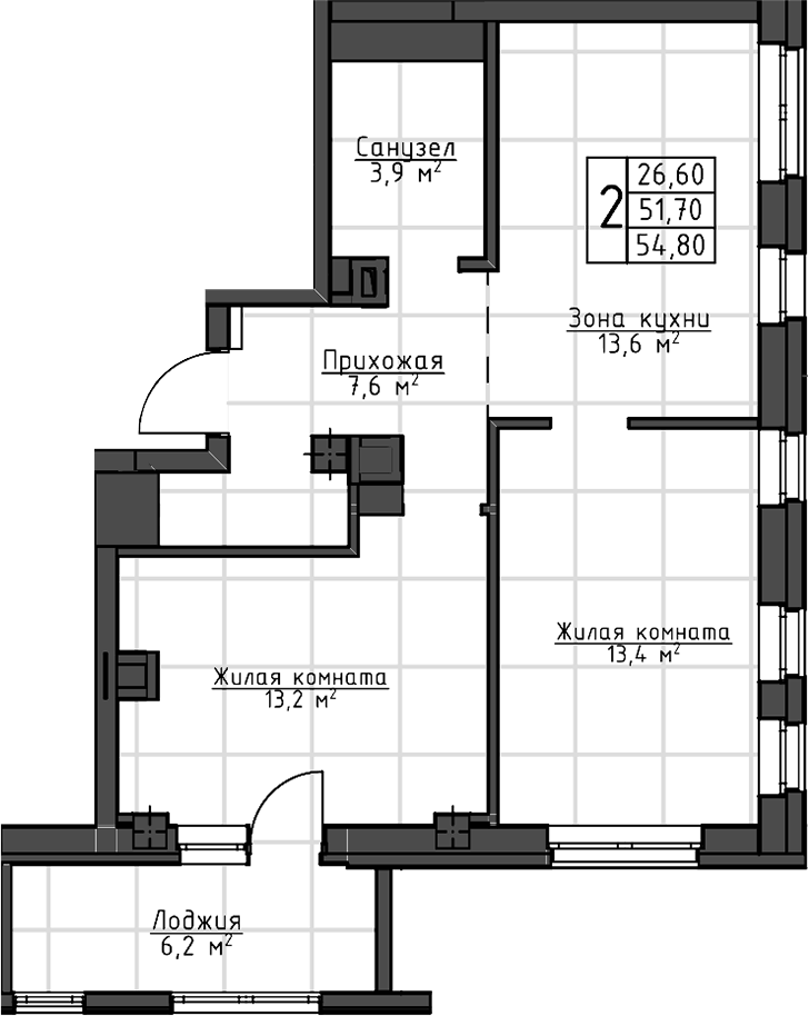 Планировка 2-к.кв, 54,8 м² в ЖК Даблхаус «1:1