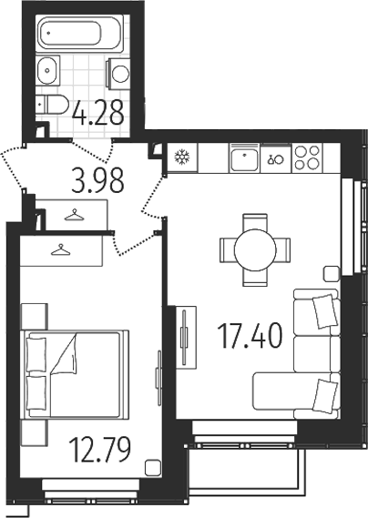 Планировка 1-к, 38,45 м² в ЖК Динамика