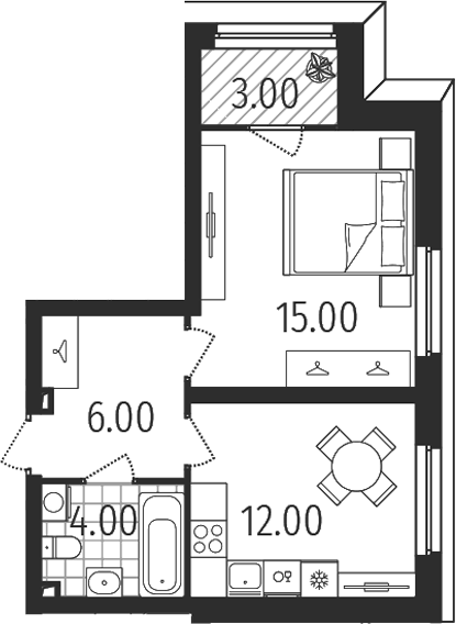 Планировка 1-к.кв, 38,5 м² в ЖК Динамика