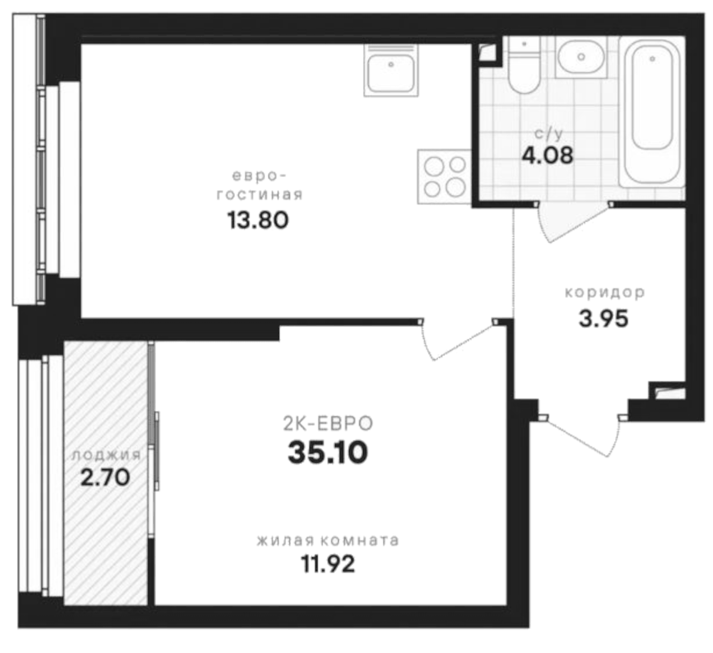 Планировка 2Е-к, 35,1 м² в ЖК Динамика