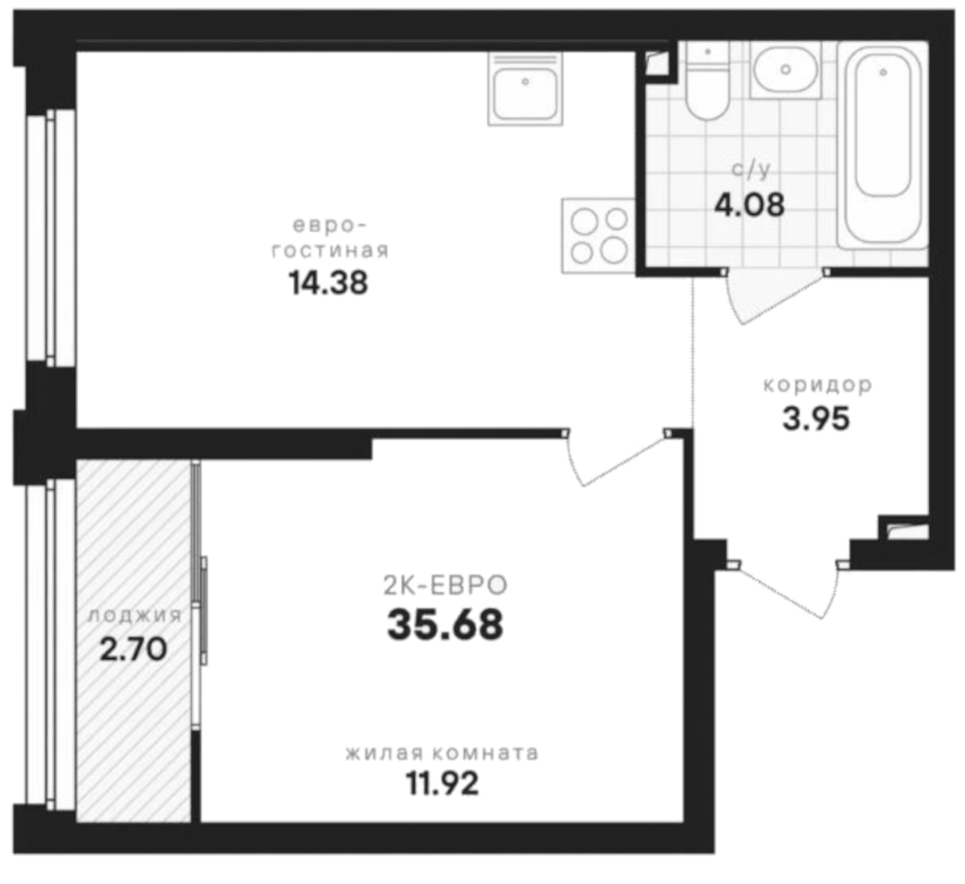 Планировка 2Е-к.кв, 35,68 м² в ЖК Динамика