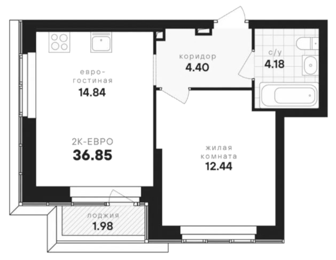 Планировка 2Е-к.кв, 36,85 м² в ЖК Динамика
