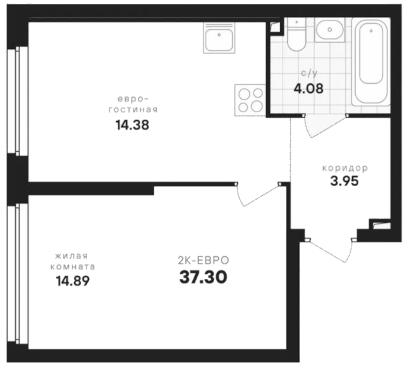 Планировка 2Е-к.кв, 37,3 м² в ЖК Динамика
