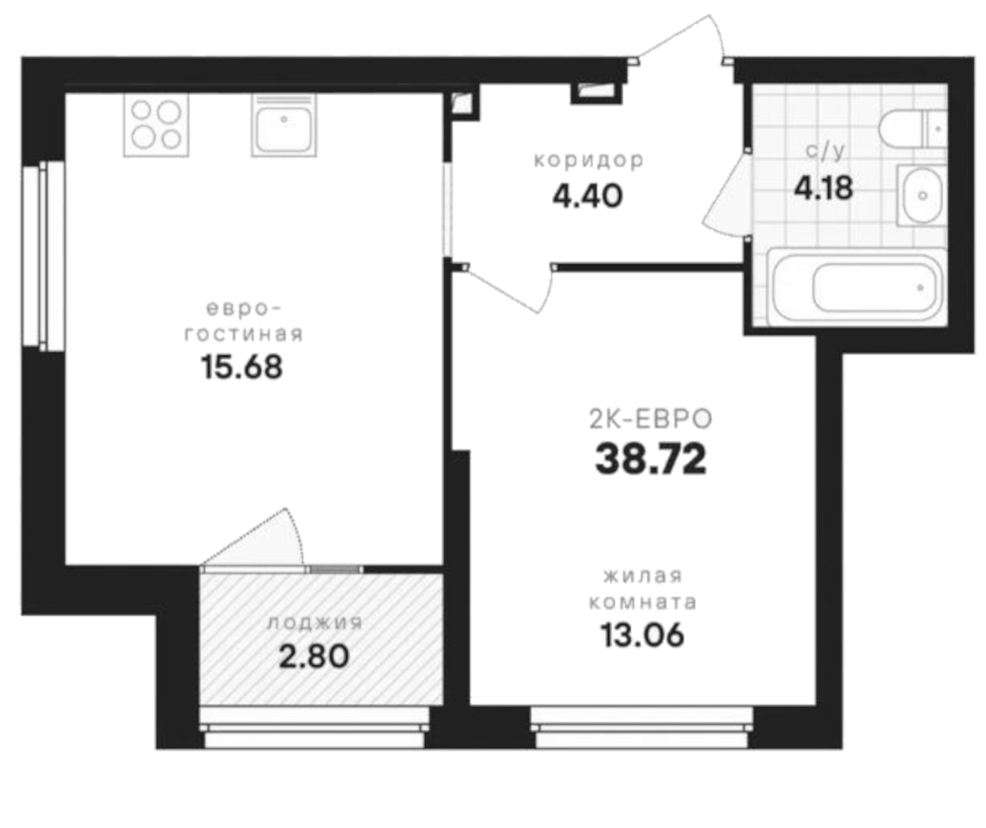 Планировка 2Е-к.кв, 38,72 м² в ЖК Динамика