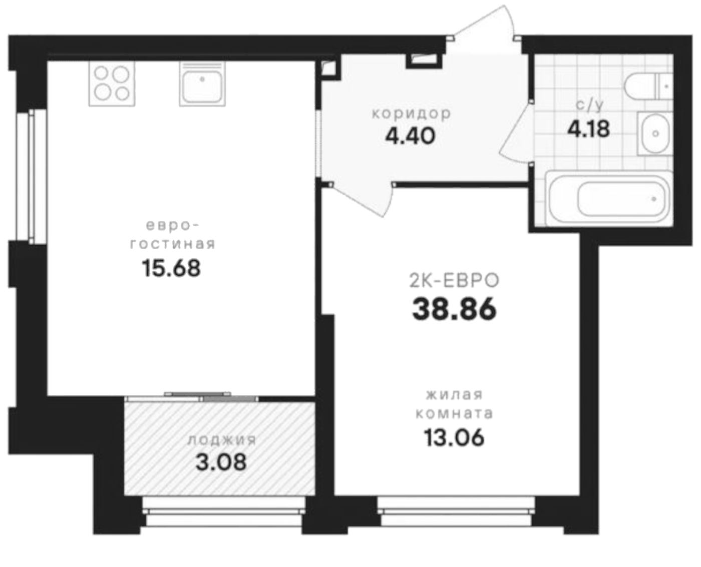 Планировка 2Е-к.кв, 38,86 м² в ЖК Динамика