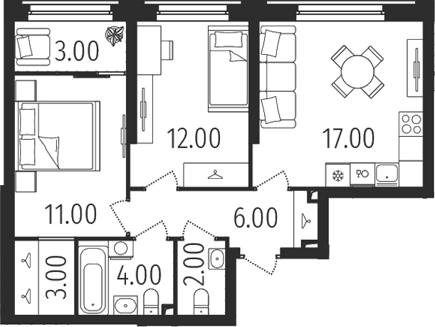 Планировка 2-к, 56,5 м² в ЖК Динамика