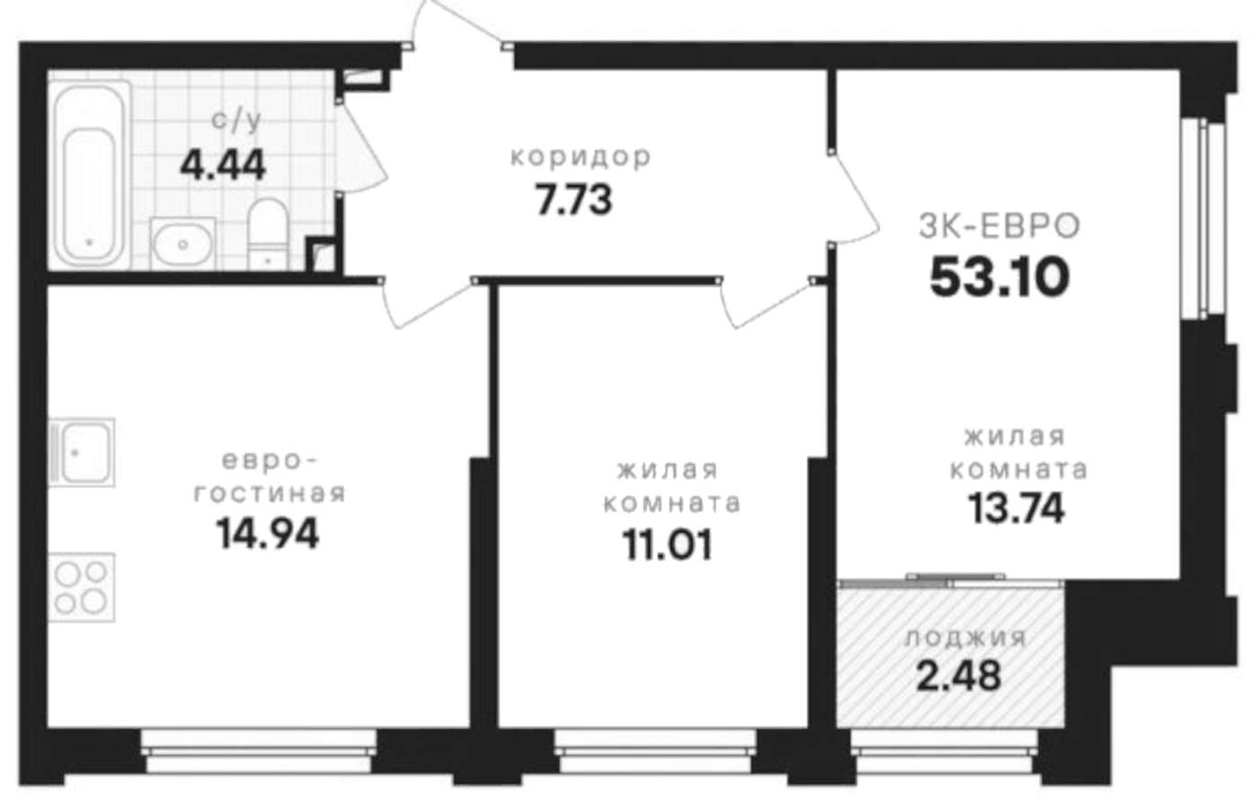 Планировка 3Е-к, 53,1 м² в ЖК Динамика